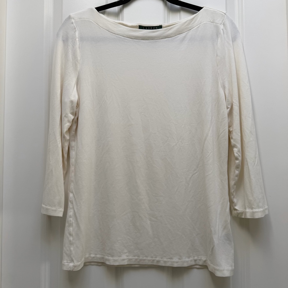 LAUREN RALPH LAUREN 3/4 SLEEVE BOAT NECK BLOUSE NEUTRAL LAYERING WHITE LARGE